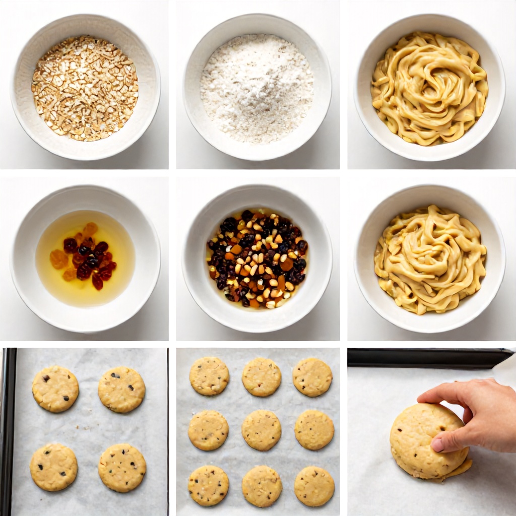 This step-by-step instructional collage illustrates the process of making oatmeal cookies from scratch. The sequence shows the combination of dry ingredients like oats and flour in a white bowl, followed by the addition of liquid sweeteners, raisins, and chopped nuts to create a thick dough. Finally, round portions of the mixture are placed on a parchment-lined baking sheet and gently flattened by hand. The images feature a bright, clean overhead perspective with a neutral color palette and minimalist kitchen styling.