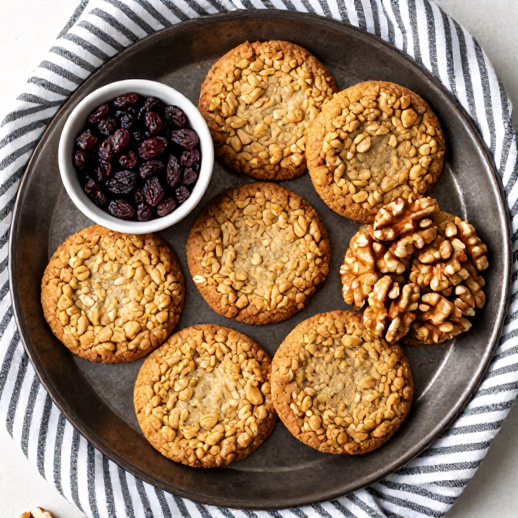 A top-down view shows several thick, textured oatmeal cookies scattered across a dark, vintage-style metal platter. Small bowls filled with raisins and walnut pieces sit beside the cookies, highlighting the key ingredients used in the recipe. The composition is framed by a black and white striped kitchen towel, creating a warm and rustic atmosphere that emphasizes the golden-brown tones of the fresh treats.