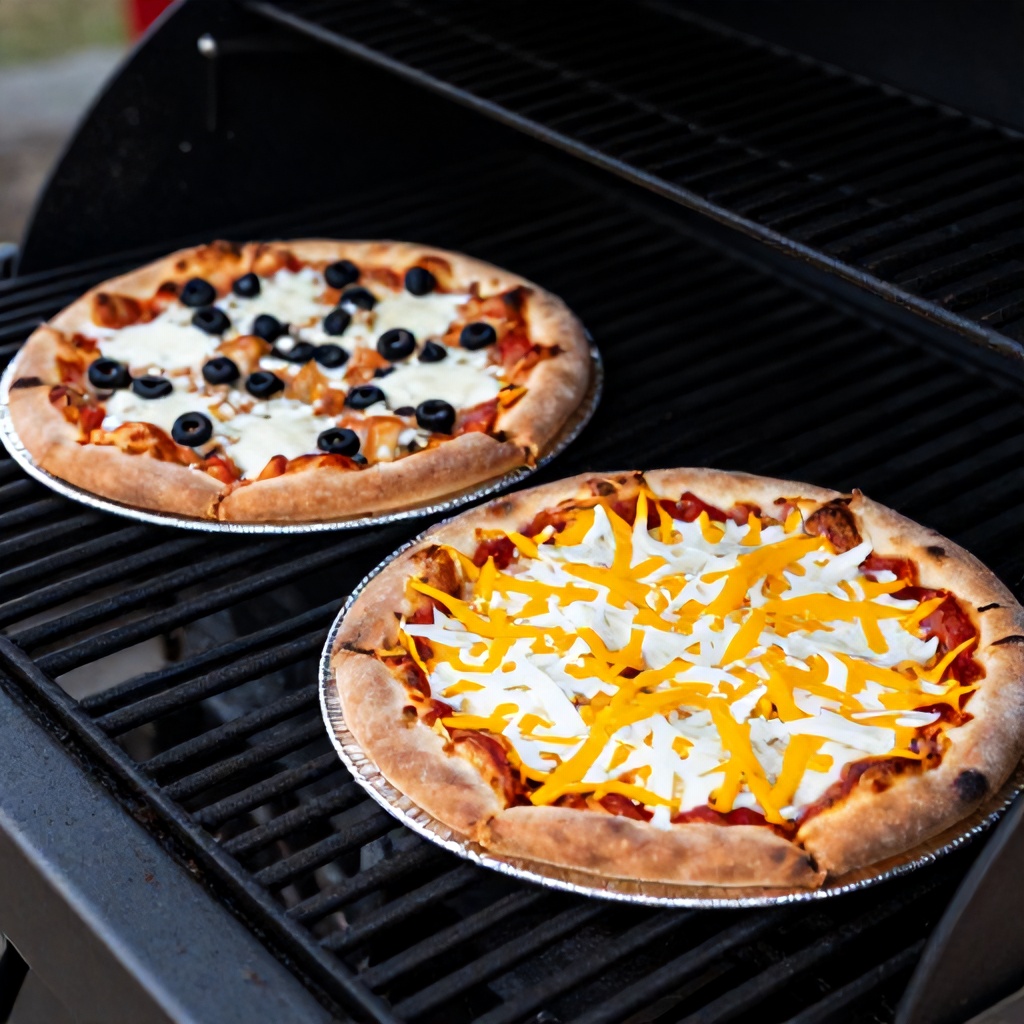 Two small pizzas with thick, golden crusts sit on aluminum foil atop a black outdoor grill grate. One is topped with a variety of ingredients including black olives and white cheese, while the other features a generous layer of shredded yellow and white cheese. The warm tones of the crusts and colorful toppings contrast with the dark, metallic texture of the grill.