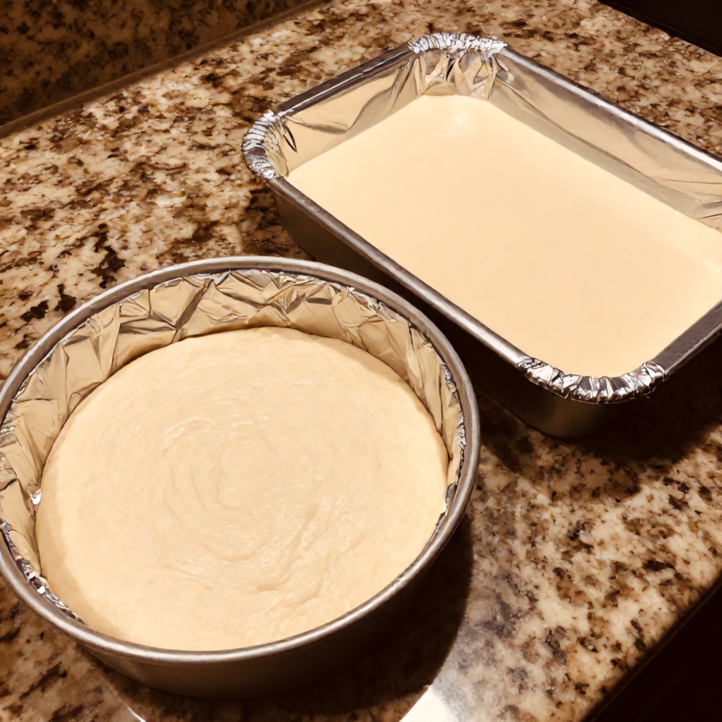 Two baking pans lined with aluminum foil sit on a speckled granite countertop, showcasing different stages of food preparation. One round pan contains a textured, light-colored dough pressed into its base, while a larger rectangular pan holds a smooth, pale batter. The warm lighting and natural brown tones highlight the textures of the ingredients and the metallic foil in this domestic kitchen scene.