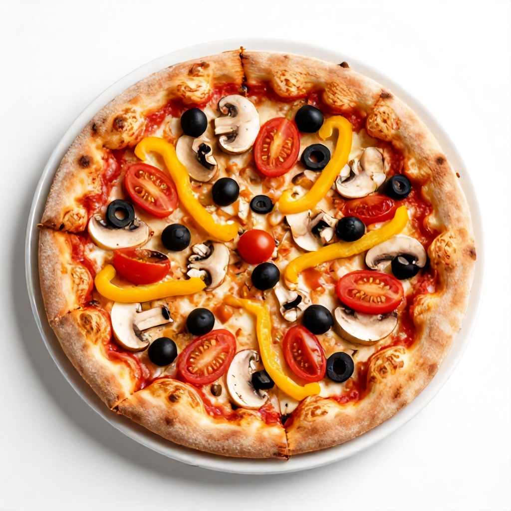 A rustic, thick-crust pizza sits centered on a plain white plate, showcasing a variety of colorful toppings. Sliced black olives, halved cherry tomatoes, yellow bell peppers, and mushrooms are layered over a rich red tomato sauce. The golden-brown, textured crust and the vibrant vegetables create a hearty and appetizing presentation.