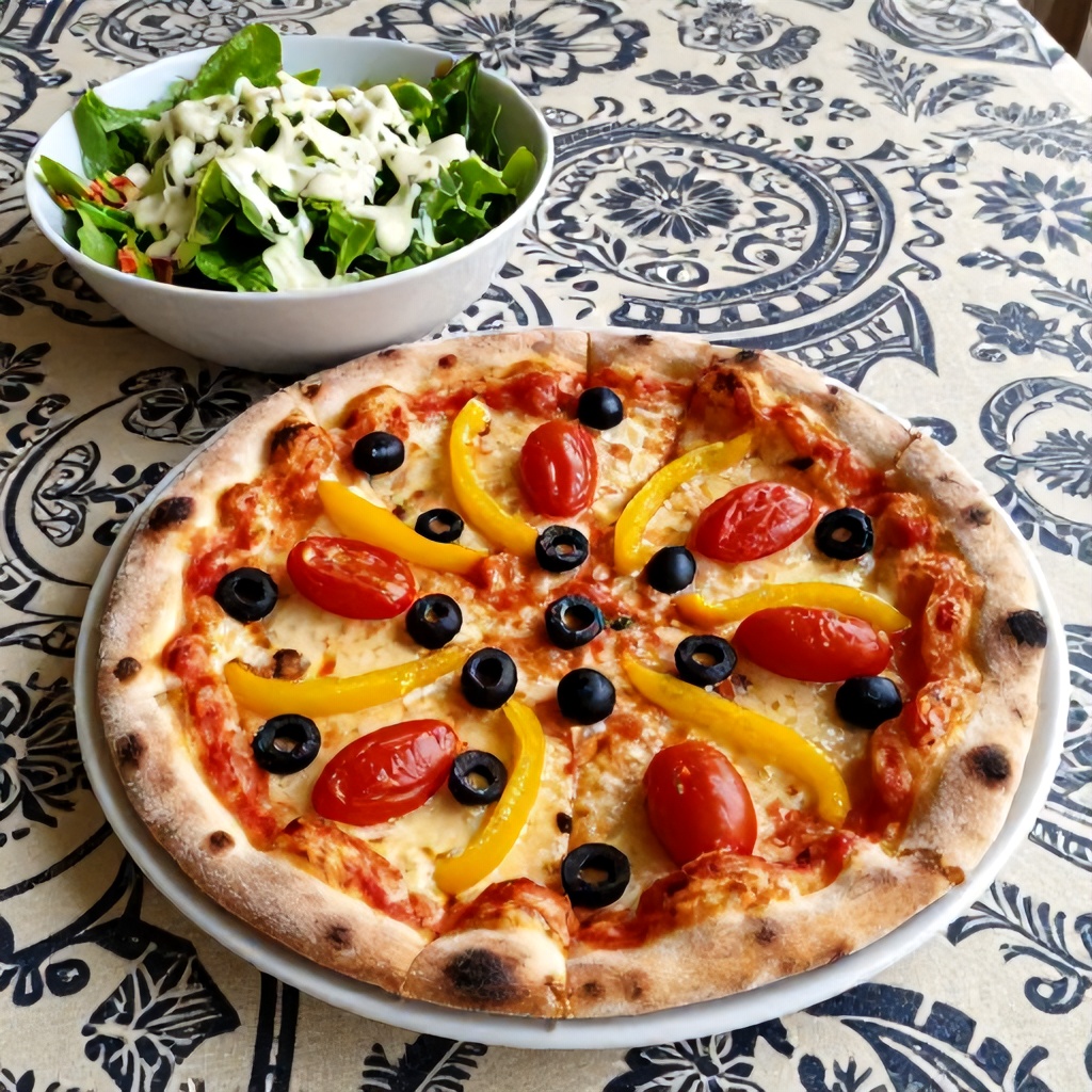 A rustic, thick-crust pizza topped with black olives, cherry tomatoes, and yellow peppers sits on a plain white plate. Next to it, a white bowl holds a fresh green salad drizzled with a creamy dressing. The meal is presented on a patterned tablecloth with intricate blue and beige designs, evoking a warm and home-cooked atmosphere.