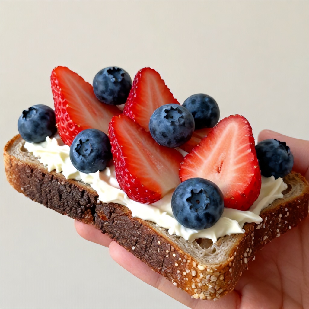 A close-up shot captures a hand holding a piece of toasted dark bread topped with a creamy spread, sliced strawberries, and whole blueberries. The vibrant red berries and deep blue fruits create a fresh, appealing contrast against the textured toast and neutral background. The lighting is soft, suggesting a casual, indoor setting suitable for a food-focused editorial piece.