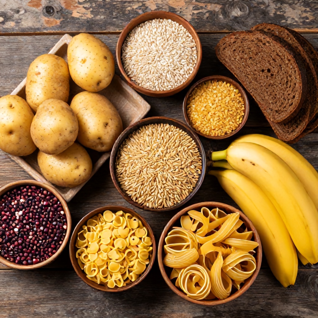 This high-angle, rustic still life features a diverse collection of raw pantry staples arranged on a weathered dark wood surface. The composition includes bowls of various grains and legumes, fresh potatoes in a tray, slices of dark rye bread, a bunch of yellow bananas, and a bowl of assorted pasta shapes. The overall aesthetic is warm and grounded, emphasizing natural textures and earthy tones suitable for a culinary or nutritional article.
