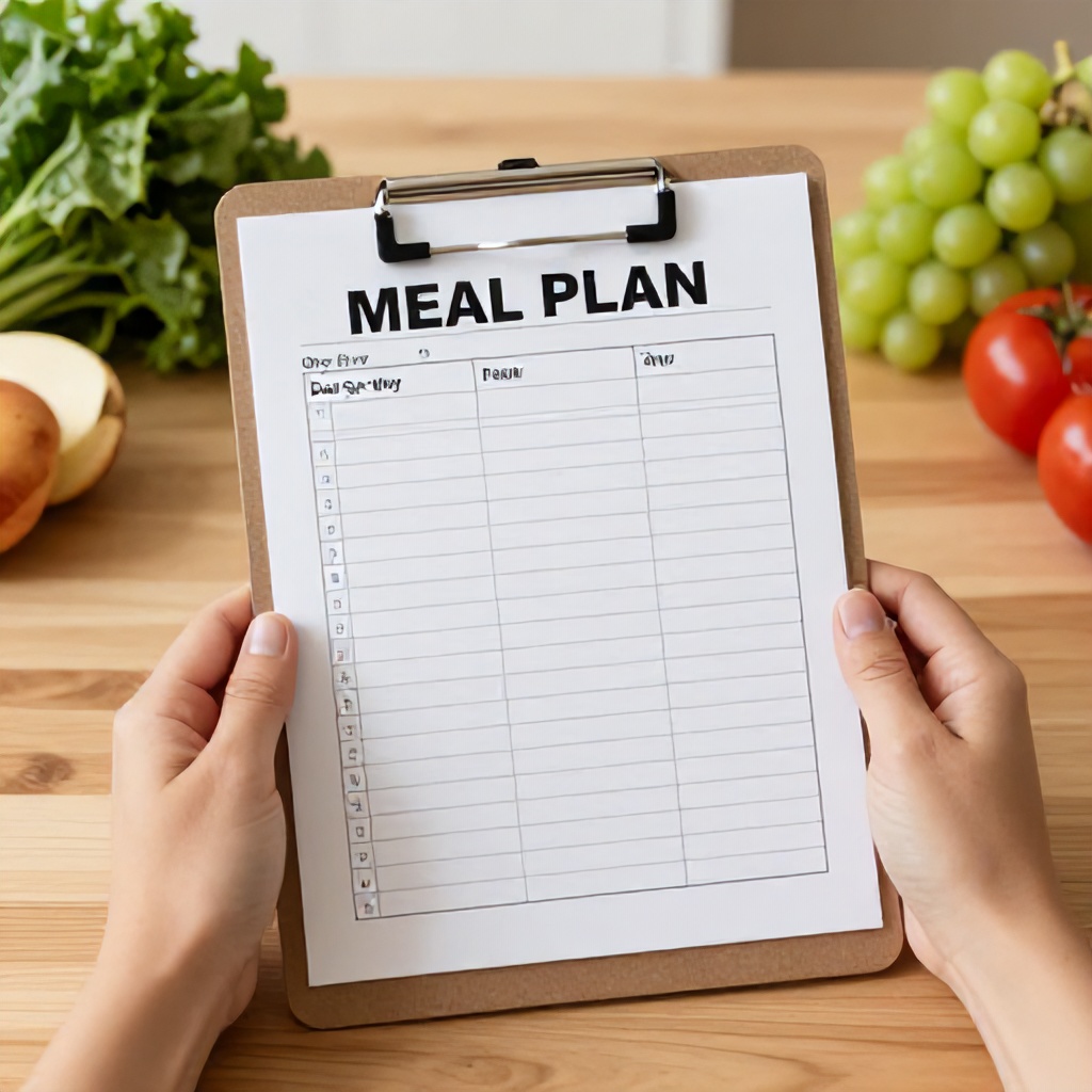 A person holds a clipboard featuring a day-by-day nutritional meal plan while sitting at a wooden table. The scene is surrounded by fresh produce, including green leafy vegetables, grapes, and tomatoes, evoking a focus on healthy living. The overall mood is organized, educational, and focused on wellness.