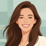 Woman with Long Brown Hair Smiling on Teal Abstract Background