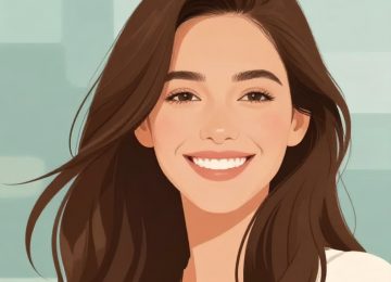 Woman with Long Brown Hair Smiling on Teal Abstract Background