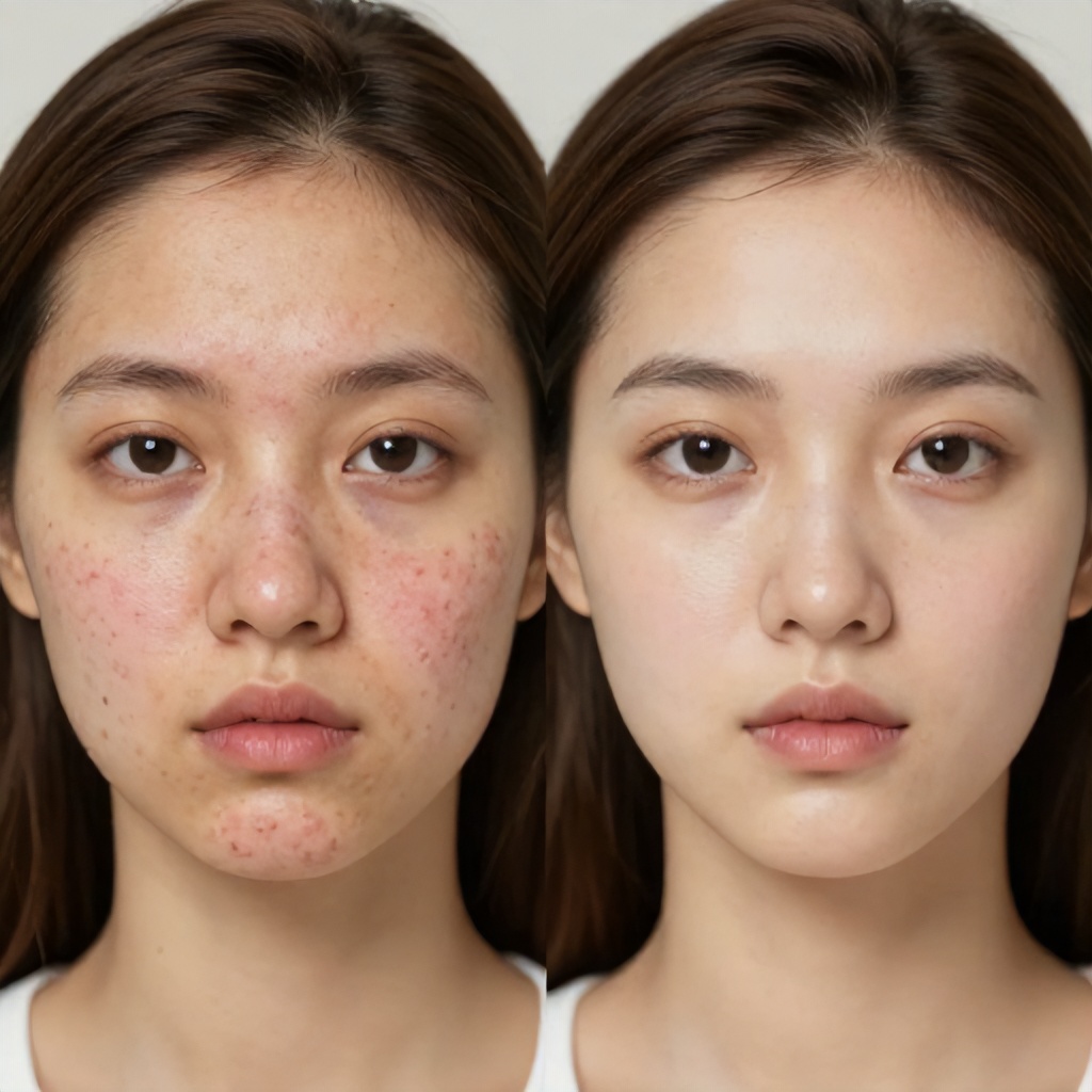 Woman's Face Before and After Acne Treatment Procedure Results
