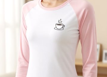 Women's Pink and White Raglan Tee with Mascara and Caffeine Graphic Print