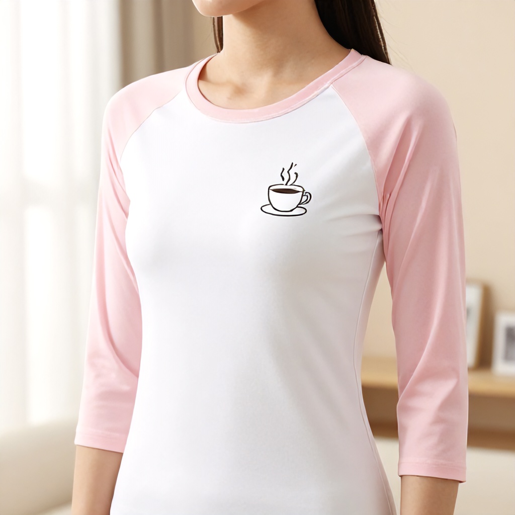 Women's Pink and White Raglan Tee with Mascara and Caffeine Graphic Print