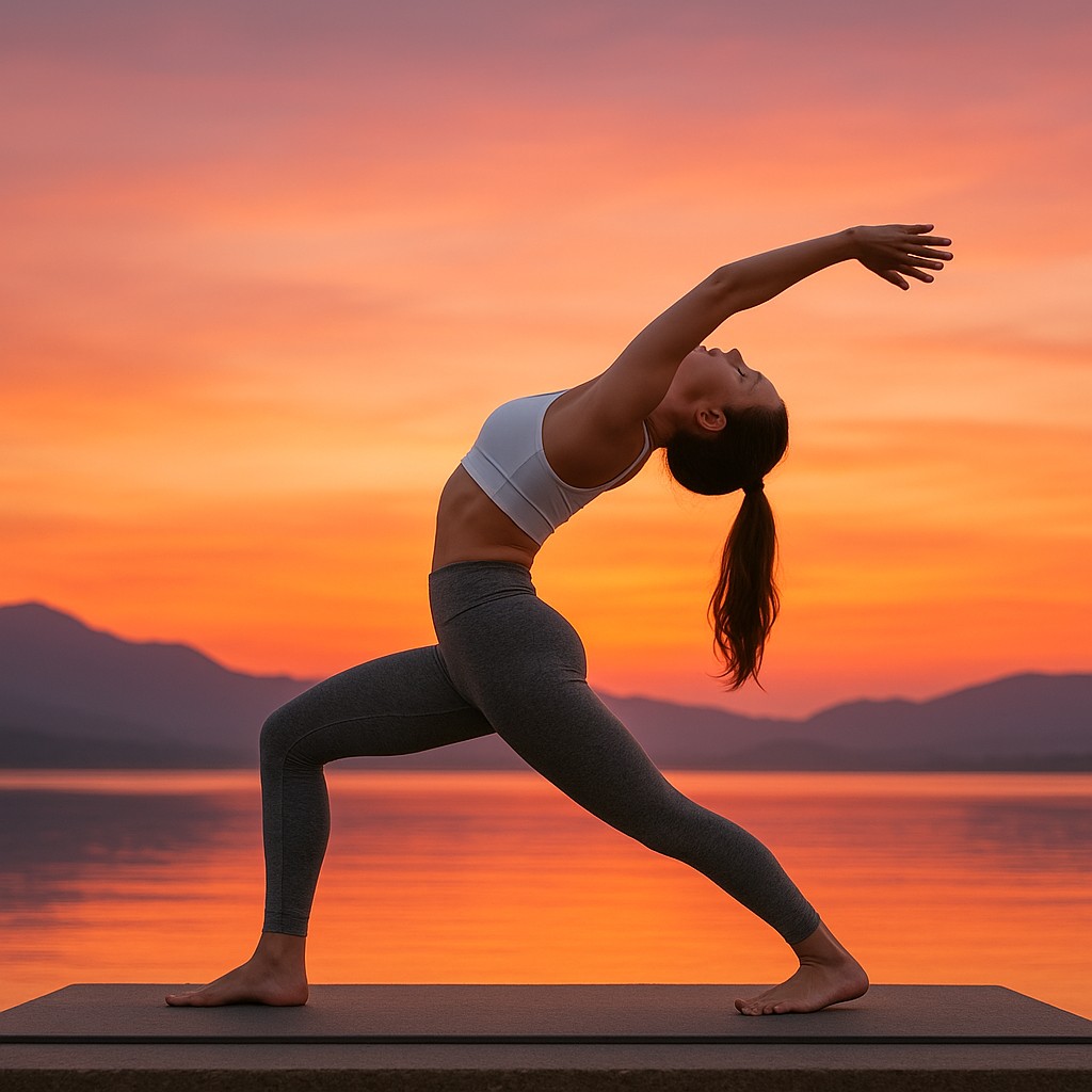 A woman in a white sports top and grey leggings performs a yoga pose, gracefully arching her back with arms extended overhead. She stands barefoot on a platform overlooking a tranquil body of water, with distant mountains silhouetted against a vibrant sunset or sunrise sky. The scene is bathed in warm hues of orange, pink, and purple, evoking a mood of serenity, strength, and connection with nature.