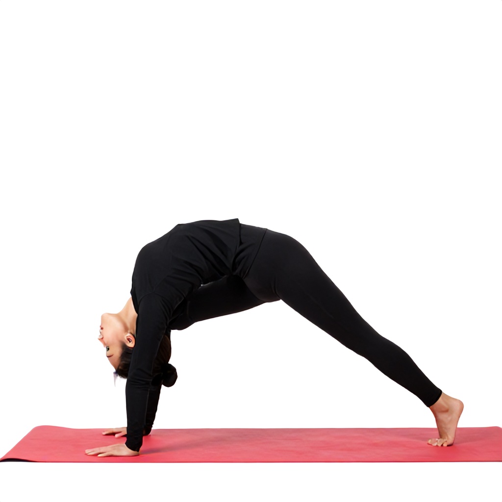 A person is depicted on a red exercise mat, performing a stretching or yoga pose. Dressed in a form-fitting black long-sleeved outfit, the individual has their torso lifted, one leg bent forward, and the other extended behind them. The simple composition against a bright white background creates a clean, focused, and instructional quality.