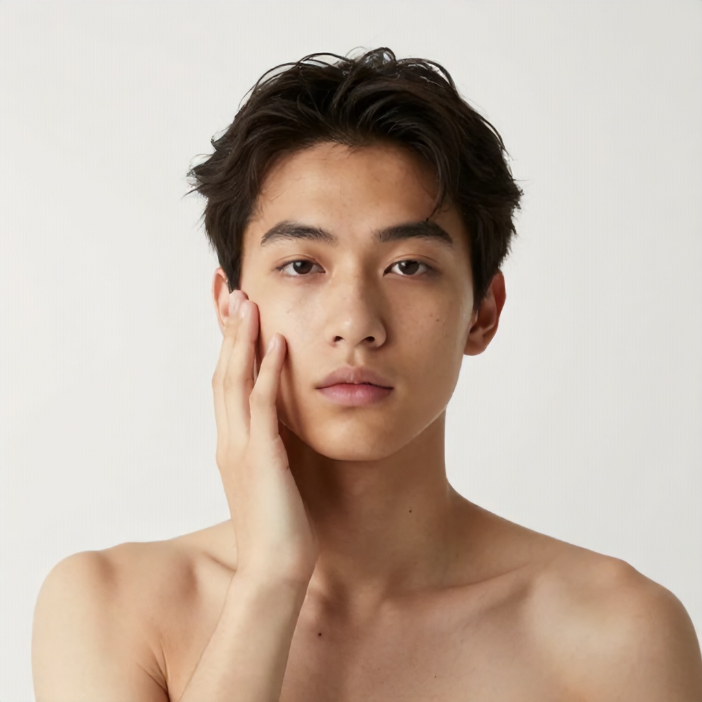 Young Person's Neutral Studio Portrait with Gentle Cheek Touch